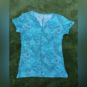 Kuhl Meridian Teal Floral Burst Front Notched Burnout Cotton Blend Top, Size S
